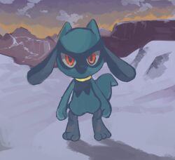 Rule 34 | absurdres, arms at sides, buraisu12, closed mouth, creatures (company), dusk, full body, game freak, gen 4 pokemon, highres, looking ahead, looking at viewer, nintendo, no humans, orange eyes, orange sky, outdoors, pokemon, pokemon (creature), riolu, shadow, sky, snow, solo, standing