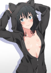Rule 34 | 1girl, absurdres, animal hood, arms up, black hair, black hoodie, blue eyes, blush, breasts, commentary request, hair ribbon, highres, hood, hood up, hoodie, long hair, long sleeves, looking at viewer, no bra, no shirt, open clothes, open hoodie, red ribbon, ribbon, shadow, shou937, simple background, small breasts, smile, solo, white background, yahari ore no seishun lovecome wa machigatteiru., yukinoshita yukino