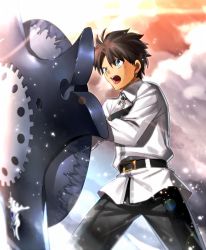 Rule 34 | 1boy, action, belt, black hair, blue eyes, chaldea uniform, chietori, commentary request, cowboy shot, fate/grand order, fate (series), fujimaru ritsuka (male), light, long sleeves, male focus, official style, open mouth, shield, solo, spiked hair, takeuchi takashi (style), uniform