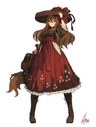 Rule 34 | 1girl, animal ears, boots, brown footwear, brown hair, closed eyes, closed mouth, cross-laced footwear, full body, hair between eyes, hand on headwear, hand up, hat, highres, lace-up boots, lansane, legs apart, long hair, long skirt, orange eyes, original, red skirt, simple background, skirt, smile, solo, standing, tsana (lansane), white background, wolf ears, wristband
