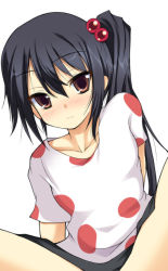 Rule 34 | 1girl, blush, female focus, frown, hair between eyes, hair bobbles, hair ornament, k-on!, listen!!, nakano azusa, out-of-frame censoring, polka dot, safi, side ponytail, simple background, solo, spread legs, white background