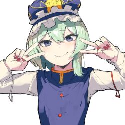 Rule 34 | 1girl, asymmetrical hair, blast-7, blue hat, blue vest, closed mouth, commentary request, derivative work, double v, frilled hat, frills, green hair, grey eyes, hat, highres, long sleeves, looking at viewer, red nails, shiki eiki, simple background, smile, solo, touhou, upper body, v, vest, white background