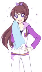 Rule 34 | 10s, 1girl, :d, aikatsu!, aikatsu! (series), blush, bow, brown hair, hair bow, hand on own hip, long hair, nae (rno), open mouth, ponytail, shibuki ran, simple background, smile, solo, sparkle, sweat, towel, track suit, wiping face