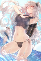 Rule 34 | 10s, 2girls, :d, abyssal ship, aircraft carrier oni, airfield princess, arm behind back, arm guards, arm up, bare shoulders, bikini, black bikini, blue sky, breasts, casual one-piece swimsuit, cleavage, clenched teeth, collarbone, contrapposto, covered erect nipples, cowboy shot, crop top, crop top overhang, day, dutch angle, expressionless, floating hair, grin, groin, hair ornament, hand in own hair, highres, hip focus, innertube, kantai collection, large breasts, lens flare, light rays, looking at viewer, midriff, multiple girls, navel, one-piece swimsuit, one side up, open mouth, parted lips, red eyes, shiny skin, side-tie bikini bottom, sideboob, skindentation, sky, smile, splashing, standing, stomach, sunlight, swim ring, swimsuit, tankini, teeth, wading, water, wind, zuizi