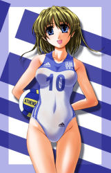 Rule 34 | 1girl, :d, abriel00, adidas, arms behind back, ball, blonde hair, breasts, cowboy shot, flag background, greece, greek flag, gym uniform, holding, holding ball, leotard, looking at viewer, medium breasts, open mouth, original, short hair, smile, sportswear, volleyball, volleyball (object), volleyball uniform