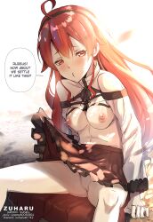 Rule 34 | 1girl, blush, censored, english text, eris greyrat, female focus, highres, long hair, looking at viewer, mosaic censoring, mushoku tensei, nipples, pussy, red eyes, red hair, solo, speech bubble, zuharu
