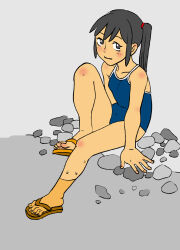 Rule 34 | 1girl, extremaratio69, highres, looking at viewer, river, rock, sandals, swim ring, water