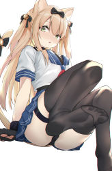 Rule 34 | 0shino, 1girl, :o, animal ears, animal hands, ass, bell, black bow, black gloves, black panties, black thighhighs, blonde hair, blue skirt, blush, bow, breasts, cat ears, cat girl, cat tail, feet, foot focus, foreshortening, girls&#039; frontline, gloves, green eyes, hair between eyes, hair bow, hair ornament, highres, jingle bell, long hair, looking at viewer, no shoes, official alternate costume, panties, paw gloves, pleated skirt, sailor collar, school uniform, shirt, short sleeves, simple background, sitting, skirt, soles, solo, tail, thigh strap, thighhighs, thighs, tmp (girls&#039; frontline), tmp (meow prism power) (girls&#039; frontline), toes, two side up, underwear, white background, white shirt