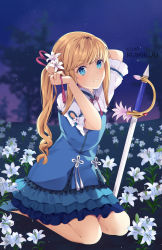 Rule 34 | 1girl, blonde hair, blue dress, blue eyes, chevalier d&#039;eon (fate), commentary, dress, fate/grand order, fate (series), field, flower, flower field, genderswap, genderswap (mtf), hair flower, hair ornament, hair ribbon, highres, k-rumi, long hair, looking at viewer, night, night sky, pink ribbon, planted, planted sword, planted weapon, ponytail, rapier, ribbon, seiza, signature, sitting, sky, smile, solo, sword, tying hair, weapon