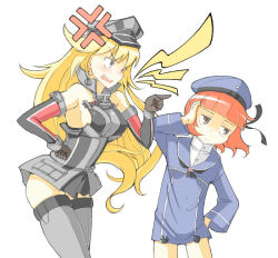 Rule 34 | 10s, 2girls, anger vein, bismarck (kancolle), blonde hair, blue eyes, brown eyes, clothes writing, detached sleeves, gloves, grey legwear, hand on own hip, hat, kantai collection, long hair, mossman, multiple girls, open mouth, peaked cap, pointing, red hair, sailor collar, sailor hat, scolding, short hair, thighhighs, z3 max schultz (kancolle), zettai ryouiki