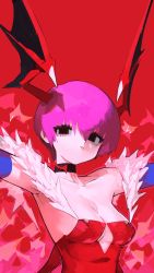 Rule 34 | 1girl, absurdres, bare shoulders, bat wings, black eyes, blue gloves, breasts, cleavage, clothing cutout, detached sleeves, elbow gloves, feather trim, gloves, head wings, highres, leotard, liba (leo8d), lilith aensland, looking at viewer, medium breasts, pink hair, red background, red leotard, red wings, revision, shadow, short hair, simple background, small breasts, solo, upper body, vampire (game), wings