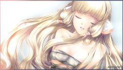 Rule 34 | 00s, 10s, 1girl, 2012, bandages, bare shoulders, blonde hair, border, chii, chobits, dated, closed eyes, hair tubes, highres, long hair, parted lips, ribbon, robot ears, sad, solo, takesanhoukine, tears, white theme