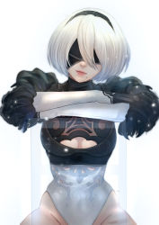 Rule 34 | 1girl, 2b (nier:automata), arm rest, artist name, blindfold, breasts, cleavage, closed mouth, clothing cutout, commentary request, feather trim, gloves, hairband, head tilt, heattech leotard, highleg, highleg leotard, highres, leotard, lips, looking at viewer, medium breasts, mitsuki nite, mole, mole under mouth, nier:automata, nier (series), pale skin, puffy sleeves, see-through, short hair, signature, simple background, thighs, turtleneck, white hair