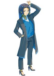 Rule 34 | 1girl, aged down, alternate costume, arm up, arms up, black coat, black footwear, black hair, black pants, blue eyes, blue sweater vest, blue theme, boa hancock, coat, collared shirt, crowpencil, earrings, from above, from side, full body, hand in pocket, high heels, jewelry, legs apart, one piece, pants, shirt, sidelighting, sidelocks, sideways glance, snake earrings, standing, sweater vest, tsurime, white background, white shirt