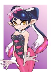 Rule 34 | 1girl, absurdres, black hair, black leotard, border, bow-shaped hair, breasts, callie (splatoon), cleavage, commentary, davenextdoor (justdavefnd), eyelashes, food, food on head, gloves, gradient background, gradient hair, highres, inkling, large breasts, leotard, long hair, looking at viewer, mole, mole under eye, multicolored hair, nintendo, object on head, outside border, pantyhose, pink hair, pink pantyhose, pointy ears, purple background, simple background, smile, solo, splatoon (series), standing, star-shaped pupils, star (symbol), sushi, symbol-only commentary, symbol-shaped pupils, teeth, tentacle hair, thick eyebrows, two-tone hair, white border, white gloves, yellow pupils