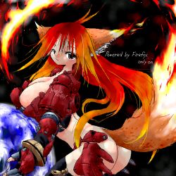 Rule 34 | 1girl, aliasing, animal ears, armor, ass, breasts, earth (planet), english text, fingerless gloves, fire, fox ears, fox tail, gloves, large breasts, long hair, looking at viewer, mozilla firefox, multicolored hair, nipple slip, nipples, orange hair, planet, revealing clothes, solo, tail, text focus, thighhighs, very long hair, yone88, yonezuka ryou