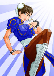 Rule 34 | 1girl, boots, bracelet, breasts, brown eyes, brown hair, brown pantyhose, bun cover, capcom, china dress, chinese clothes, chun-li, double bun, dress, earrings, female focus, hair bun, highres, jewelry, large breasts, leg lift, lips, makani kohitujito, open mouth, pantyhose, pelvic curtain, sash, short hair, solo, spiked bracelet, spikes, street fighter