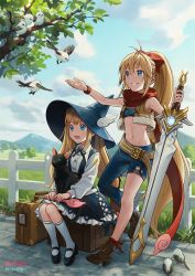 Rule 34 | 2girls, animal, animal on lap, player character (mabinogi), bad id, bad pixiv id, belt, bird, black cat, black footwear, blonde hair, blue eyes, blue sky, bow, box, brown footwear, butyou (mika1412), cat, day, denim, dress, fence, grass, hair bow, hat, hat ornament, holding, holding sword, holding weapon, kneehighs, long hair, long sleeves, luggage, mabinogi, midriff, multiple girls, navel, on lap, outdoors, outstretched hand, ponytail, red bow, red scarf, red wristband, scarf, shoes, sitting, sky, smile, socks, suitcase, sword, tree, very long hair, watermark, weapon, web address, white legwear, winged hat, witch hat, wristband