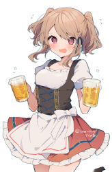 Rule 34 | 1girl, @ @, alcohol, apron, beer, beer mug, black vest, blue ribbon, blush, cowboy shot, cup, d:, flying sweatdrops, highres, holding, holding cup, ikeuchi tanuma, looking at viewer, miniskirt, mug, neck ribbon, open mouth, original, pink eyes, puffy short sleeves, puffy sleeves, red skirt, ribbon, shirt, short sleeves, simple background, skirt, smile, solo, standing, standing on one leg, sweatdrop, tino (ikeuchi tanuma), twintails, vest, waist apron, waitress, white apron, white background, white shirt, wide-eyed