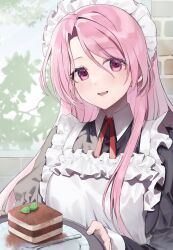 Rule 34 | 1girl, alternate costume, apron, black dress, blush, cake, cake slice, dress, enmaided, food, fork, highres, holding, holding tray, kantai collection, long hair, long sleeves, looking at viewer, luigi di savoia duca degli abruzzi (kancolle), maid, maid apron, maid headdress, neck ribbon, open mouth, picoli1313, pink eyes, pink hair, red ribbon, ribbon, smile, solo, tray, upper body, white apron