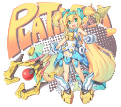 Rule 34 | 1girl, :d, arc system works, bell, blazblue, blonde hair, boots, bow, bow panties, buttons, character name, child, drill, english text, full body, gauntlets, gloves, green eyes, groin, hair ornament, hairband, heart, heart-shaped pupils, holding, long hair, looking at viewer, muchourin, open mouth, panties, pantyshot, platinum the trinity, quad tails, rokushou, short twintails, skirt, smile, solo, staff, standing, symbol-shaped pupils, twintails, underwear, upskirt, very long hair, white background, white panties