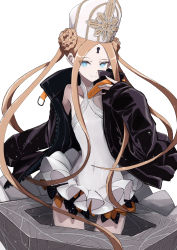 Rule 34 | 1girl, abigail williams (fate), abigail williams (swimsuit foreigner) (fate), abigail williams (swimsuit foreigner) (second ascension) (fate), black jacket, blonde hair, blue eyes, boushi-ya, covered navel, double bun, fate/grand order, fate (series), frilled swimsuit, frills, hair bun, hat, highres, jacket, keyhole, long hair, long sleeves, mitre, one-piece swimsuit, parted bangs, sidelocks, simple background, smile, solo, swimsuit, very long hair, white background, white one-piece swimsuit