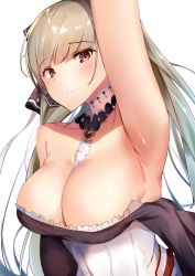 Rule 34 | 1girl, arm up, armpits, azur lane, bare shoulders, between breasts, black dress, blush, breasts, cleavage, dress, formidable (azur lane), frilled dress, frills, grey hair, hair ribbon, highres, jewelry, large breasts, long hair, long sleeves, looking at viewer, red eyes, ribbon, simple background, solo, tsukimineko, twintails, white background