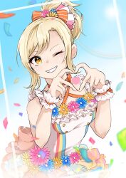 1girl blonde_hair commentary_request confetti hands_up heart heart_hands high_ponytail highres looking_at_viewer love_live! love_live!_nijigasaki_high_school_idol_club love_u_my_friends medium_hair mile miyashita_ai one_eye_closed orange_eyes prr_1101 shirt sidelocks sleeveless sleeveless_shirt solo swept_bangs upper_body v-shaped_eyebrows wrist_cuffs