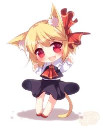 Rule 34 | 1girl, 2015, animal ears, ascot, bad id, bad pixiv id, blonde hair, cat ears, cat tail, dated, fang, hair ribbon, kemonomimi mode, long sleeves, looking at viewer, mikazuki sara, open mouth, red eyes, ribbon, rumia, shirt, skirt, skirt set, slit pupils, smile, solo, tail, touhou, vest