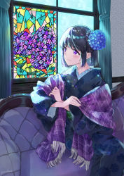Rule 34 | 1girl, black hair, black kimono, blue flower, blush, closed mouth, commentary request, couch, curtains, floral print, flower, fringe trim, hair flower, hair ornament, hydrangea, indoors, japanese clothes, kimono, long sleeves, looking away, miyabi akino, on couch, original, plaid, print kimono, purple eyes, short hair, sitting, smile, solo, stained glass, stole, twitter username, wide sleeves, window