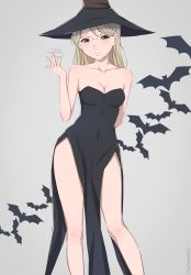 Rule 34 | 10s, 1girl, bare shoulders, bat (animal), blonde hair, breasts, cleavage, collarbone, contrapposto, dress, glasses, grey background, halloween, hat, highres, kawai miki, koe no katachi, long hair, looking at viewer, medium breasts, miura-n315, side slit, smile, solo, strapless, strapless dress, thighs, twitter username, witch, witch hat, yellow eyes