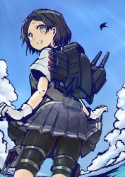 Rule 34 | 1girl, bike shorts, black hair, cloud, day, from below, gloves, grey skirt, grin, hair ornament, hairclip, kantai collection, kuroshio (kancolle), ocean, outdoors, pleated skirt, rigging, shirt, short hair, short sleeves, shorts, shorts under skirt, skirt, skirt hold, sky, smile, solo, sowamame, they&#039;re not panties, vest, water, white gloves, white shirt, yellow eyes