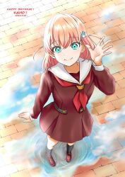 Rule 34 | 1girl, ankle socks, aqua eyes, arm at side, black socks, brick road, brown dress, brown footwear, character name, closed mouth, commentary request, crossed bangs, dated, dress, from above, full body, hair ornament, happy birthday, hasu no sora school uniform, highres, hinoshita kaho, link! like! love live!, loafers, long sleeves, looking at viewer, love live!, medium hair, neckerchief, orange hair, pleated dress, puddle, rabbit hair ornament, red neckerchief, ripples, sailor collar, sailor dress, school uniform, shoes, short dress, smile, socks, solo, split mouth, two side up, urusiyamaxdane1, virtual youtuber, waving, white sailor collar, winter uniform