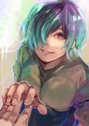 Rule 34 | 1girl, 1other, absurdres, breasts, brown background, brown shirt, green hair, hair over one eye, hand up, highres, holding hands, kirishima touka, kyuuba melo, large breasts, looking at viewer, looking up, parted lips, red eyes, shirt, short hair, smile, solo focus, teeth, tokyo ghoul, tokyo ghoul:re, white background