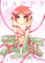 Rule 34 | 1girl, 884449, bad id, bad pixiv id, blush, breasts, dragon girl, facial tattoo, fang, fang out, granberia, happy valentine, highres, looking at viewer, mon-musu quest!, monster girl, naked ribbon, navel, nude, pointy ears, pussy, pussy peek, red hair, ribbon, scales, short hair, sitting, small breasts, smile, solo, tail, tattoo, tau (tau 1111), valentine, wariza, yellow eyes