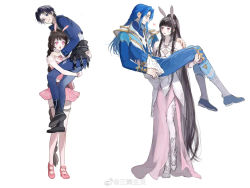 Rule 34 | 2girls, age comparison, animal ears, bare shoulders, carrying, carrying over shoulder, douluo dalu, high heels, highres, husband and wife, long hair, multiple girls, ponytail, princess carry, rabbit ears, san wu zhuye, tang san, very long hair, white background, xiao wu (douluo dalu)