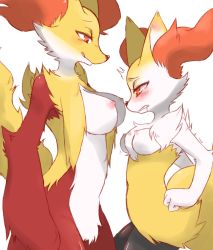 Rule 34 | 2girls, animal ears, blush, braixen, breasts, chizi, clenched teeth, creatures (company), delphox, drooling, face-to-face, fox ears, fox tail, from side, furry, game freak, gen 6 pokemon, half-closed eyes, hand on own hip, large breasts, licking lips, looking down, medium breasts, multiple girls, navel, nintendo, nipples, pokemon, pokemon (creature), red eyes, saliva, simple background, smile, standing, tail, tears, teeth, third-party edit, tongue, tongue out, trembling, white background