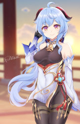 Rule 34 | 1girl, absurdres, ahoge, armpit crease, bare shoulders, bell, black gloves, blue hair, blurry, breasts, brown leotard, brown pantyhose, covered navel, cowbell, cowboy shot, depth of field, detached collar, detached sleeves, ganyu (genshin impact), genshin impact, gloves, goat horns, gold trim, groin, hand up, highres, horns, leotard, long hair, long sleeves, looking at viewer, low ponytail, medium breasts, outdoors, pantyhose, pink eyes, radral, smile, solo, standing, very long hair