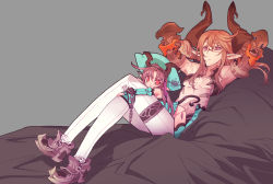 Rule 34 | 1boy, 1girl, animal ears, bad id, bad pixiv id, blade (galaxist), boots, cat ears, demon tail, detached sleeves, glasses, horns, crossed legs, long hair, looking at viewer, lying, lying on person, on back, pointy ears, red eyes, tail, thigh boots, thighhighs, tiara