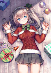Rule 34 | 10s, 1girl, alternate costume, aran sweater, bell, black skirt, blue eyes, blush, bow, box, cable knit, capelet, christmas, christmas ornaments, confetti, from above, fur trim, gift, gift box, hair bell, hair ornament, hat, holly, holly hair ornament, kantai collection, kashima (kancolle), long sleeves, looking at viewer, lying, microskirt, on back, on floor, party hat, plastic moon, pleated skirt, polka dot, santa hat, short hair, silver hair, skirt, smile, solo, streamers, sweater, wooden floor