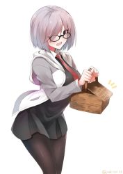 Rule 34 | 1girl, :d, basket, black-framed eyewear, black pantyhose, black skirt, breasts, commentary, fate/grand order, fate (series), glasses, grey hair, hair over one eye, highres, holding, holding basket, hood, hood down, hoodie, large breasts, leaning forward, looking at viewer, mash kyrielight, necktie, open mouth, pantyhose, picnic basket, purple eyes, simple background, skirt, smile, solo, standing, twitter username, white background, yakitori (yakitori06)