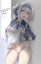 Rule 34 | 1girl, ainu clothes, bandages, bandana, blue eyes, blush, breasts, character name, commentary request, covered erect nipples, cropped jacket, dated, folded ponytail, hair between eyes, headband, highres, kamoi (kancolle), kantai collection, lips, long hair, looking at viewer, medium breasts, one-hour drawing challenge, open mouth, panties, pelvic curtain, side-tie panties, sideboob, sidelocks, silver hair, solo, standing, teeth, thick eyebrows, tororo ten, twitter username, underwear, upper teeth only, wall, white panties, wrist guards