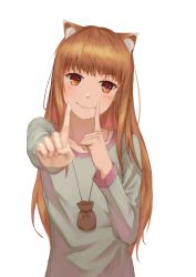 Rule 34 | 1girl, absurdres, animal ears, blurry, blush, brown eyes, brown hair, depth of field, foreshortening, highres, holo, index finger raised, koi dance, long hair, looking at viewer, simple background, smile, solo, spice and wolf, upper body, white background, wolf ears, youzi (small shabao)