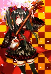 Rule 34 | &gt;:|, 1girl, :|, animal print, belt, black hair, bridal garter, buckle, butterfly print, checkered background, cherry blossoms, closed mouth, cowboy shot, frills, hair ribbon, instrument, long hair, looking at viewer, music, original, playing instrument, red eyes, ribbon, sash, shamisen, simple background, solo, thighhighs, twintails, v-shaped eyebrows, yuuheisyoujyo, zettai ryouiki
