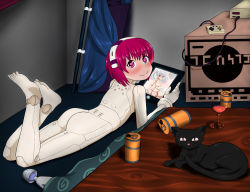 Rule 34 | 1girl, android, ass, blush, cat, dorothy haze, hairband, heart, heart-shaped pupils, highres, joints, ktarl, looking at viewer, lying, nude, on stomach, red eyes, red hair, robot joints, short hair, smile, solo, symbol-shaped pupils, va-11 hall-a