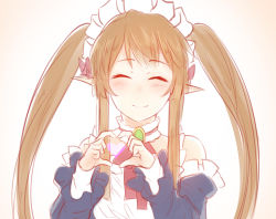 Rule 34 | 10s, 1girl, ^ ^, brown hair, closed eyes, elf, gradient background, heart, heart hands, long hair, maid headdress, myucel foalan, outbreak company, pointy ears, ricegnat, sketch, solo, twintails