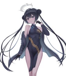 Rule 34 | 1girl, bare shoulders, black dress, black gloves, black hair, black jacket, blue archive, blue eyes, breasts, china dress, chinese clothes, covered navel, doggo34476335, double bun, dragon print, dress, gloves, hair bun, halo, hand up, highres, jacket, kisaki (blue archive), long hair, long sleeves, looking at viewer, medium breasts, no panties, off shoulder, open clothes, open jacket, parted lips, pelvic curtain, print dress, simple background, sleeveless, sleeveless dress, solo, striped clothes, striped jacket, taut clothes, taut dress, thighs, twintails, very long hair, white background