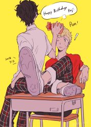 Rule 34 | !, 2boys, puff of air, amamiya ren, birthday, black hair, blonde hair, brown eyes, chair, closed mouth, crossed legs, dated, desk, english text, gift, hand in pocket, happy birthday, highres, holding, holding gift, male focus, multiple boys, one eye closed, pants, persona, persona 5, plaid, plaid pants, red shirt, sakamoto ryuuji, sawa2, school desk, school uniform, shirt, shoes, short sleeves, shuujin academy school uniform, simple background, sitting, sneakers, sweat, translation request, white footwear, white shirt