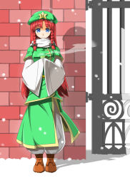 Rule 34 | 1girl, adapted costume, blue eyes, blush, braid, breasts, cup, female focus, gate, hat, hecchi (blanch), highres, hong meiling, long hair, red hair, scarf, smile, snow, solo, star (symbol), touhou, twin braids