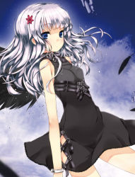 Rule 34 | 1girl, bare shoulders, belt, black dress, black wings, blue eyes, blush, breasts, chain, clothing cutout, cover, cowboy shot, dress, dutch angle, eyes visible through hair, feathers, flower, hair flower, hair ornament, halterneck, heart, heart-shaped pupils, kakusei idenshi - toki kakeru tsubasa, lace, lace-trimmed dress, lace trim, long hair, looking at viewer, looking back, official art, profile, refeia, short dress, side cutout, silver hair, sleeveless, sleeveless dress, small breasts, solo, standing, strap, symbol-shaped pupils, wings